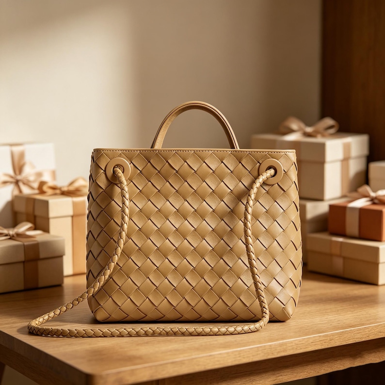 Puede incluir: Un bolso de mano de cuero tejido de color beige con una correa trenzada para el hombro y un asa superior. El bolso cuadrado est&aacute; sobre una superficie de madera, con cajas de regalo en el fondo.