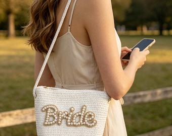 Bride Crossbody Bag, Pearl Rhinestone Letter Woven Purse, Bridesmaid Wedding Handbag, White Braided Shoulder Bag