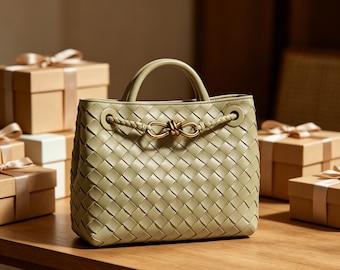 Sage Green Woven Leather Handbag with Gold Knot Detail – Minimalist Designer Tote
