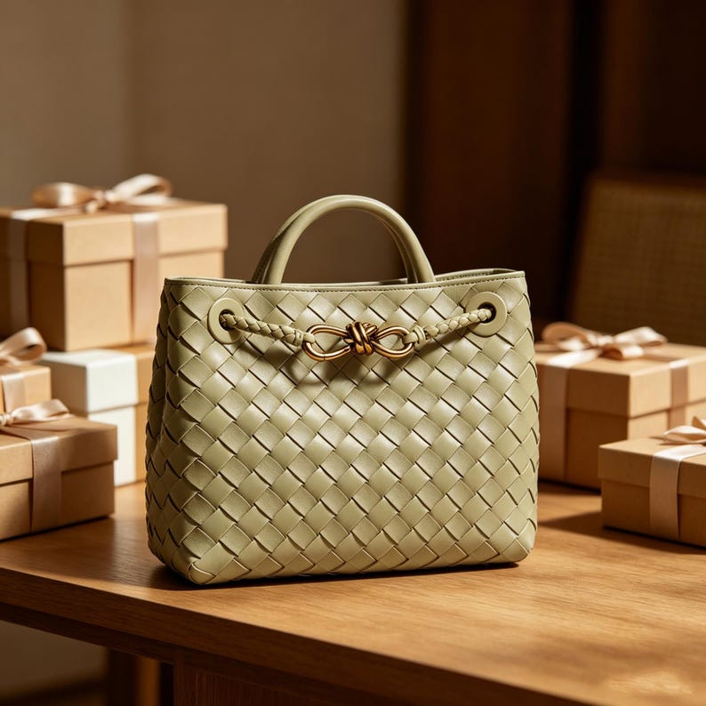 Puede incluir: Un bolso de mano de cuero tejido verde claro con un asa superior y un cierre dorado. El bolso presenta un detalle trenzado y est&aacute; rodeado de cajas de regalo con cintas color beige.