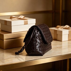 Puede incluir: Un bolso de mano de cuero marr&oacute;n oscuro con un patr&oacute;n tejido. El bolso tiene un cierre de solapa y un cord&oacute;n. Cajas de regalo con cinta dorada en el fondo sugieren un art&iacute;culo de lujo.