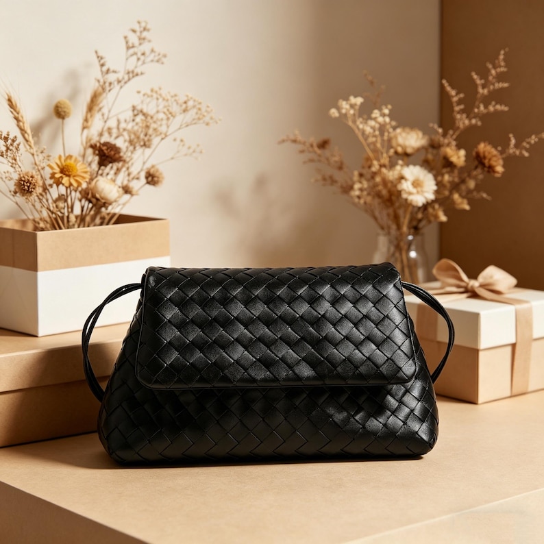 Puede incluir: Un bolso de mano negro de cuero tejido con cierre de solapa y correa para el hombro. El bolso es rectangular con esquinas redondeadas. El fondo incluye flores secas en un jarr&oacute;n y una caja de regalo.