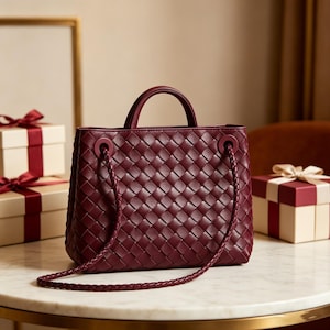 Puede incluir: Bolso de mano de cuero burdeos con dise&ntilde;o trenzado. Cuenta con un asa superior y una larga correa trenzada. El bolso est&aacute; sobre una mesa de m&aacute;rmol, junto a cajas de regalo con lazos rojos.