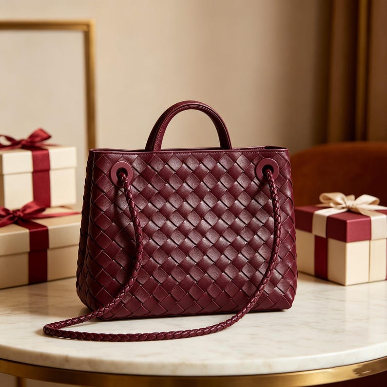 Puede incluir: Bolso de mano de cuero burdeos con dise&ntilde;o trenzado. Cuenta con un asa superior y una larga correa trenzada. El bolso est&aacute; sobre una mesa de m&aacute;rmol, junto a cajas de regalo con lazos rojos.