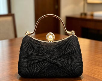 Luxury Pleated Black Evening Clutch, Elegant Pearl Rhinestone Top Handle Purse, Glam Prom Party Crossbody Handbag