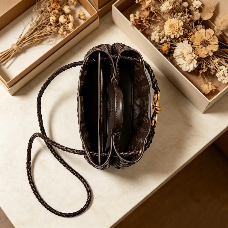 Puede incluir: Un bolso de mano de cuero trenzado marr&oacute;n oscuro con una correa trenzada para el hombro. El interior es visible, revelando un dise&ntilde;o estructurado con un asa. Un cierre dorado asegura la parte superior. Flores secas en cajas en el fondo.