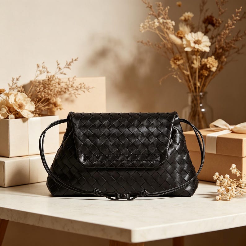 Puede incluir: Bolso de mano de cuero negro tejido con cierre de solapa y correas con cord&oacute;n. El bolso es rectangular con un patr&oacute;n tejido y una solapa plegable. El bolso est&aacute; sobre una superficie blanca con elementos decorativos en el fondo.