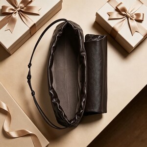 Puede incluir: Un bolso de cuero marr&oacute;n oscuro con cord&oacute;n y un embrague enrollado a juego. El bolso est&aacute; abierto, revelando un interior gris claro. Dos cajas de regalo con cinta dorada sugieren un juego de regalo.