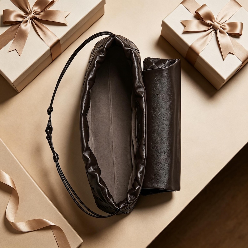 Puede incluir: Un bolso de cuero marr&oacute;n oscuro con cord&oacute;n y un embrague enrollado a juego. El bolso est&aacute; abierto, revelando un interior gris claro. Dos cajas de regalo con cinta dorada sugieren un juego de regalo.