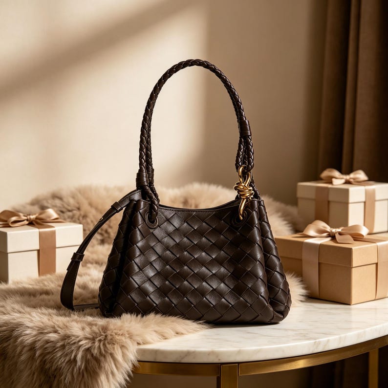 May include: A dark brown leather handbag with a woven design. The bag has a braided handle and a gold-colored clasp. It is sitting on a marble surface with a faux fur rug and gift boxes in the background.