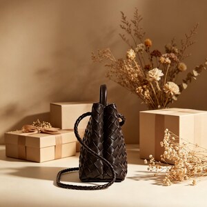 Puede incluir: Un bolso de mano de cuero tejido marr&oacute;n oscuro con una correa de hombro trenzada y un asa superior. El bolso es cil&iacute;ndrico. El fondo incluye cajas de regalo beige y flores secas.