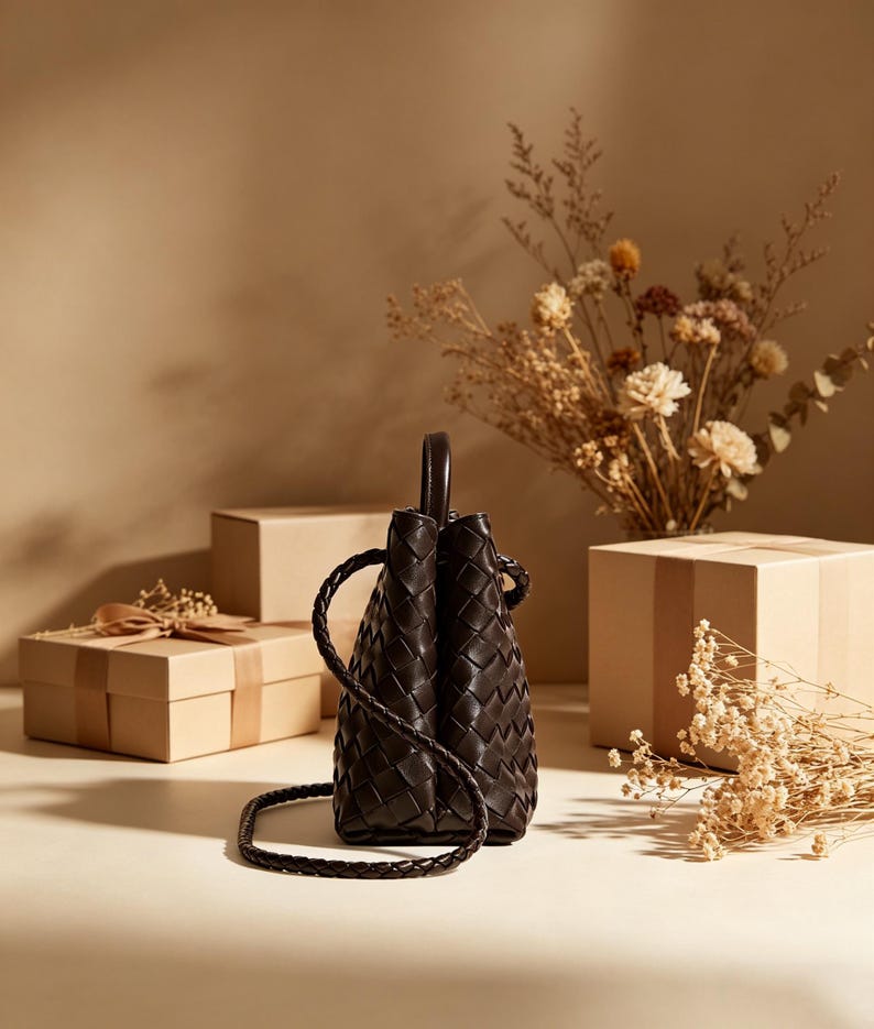 Puede incluir: Un bolso de mano de cuero tejido marr&oacute;n oscuro con una correa de hombro trenzada y un asa superior. El bolso es cil&iacute;ndrico. El fondo incluye cajas de regalo beige y flores secas.