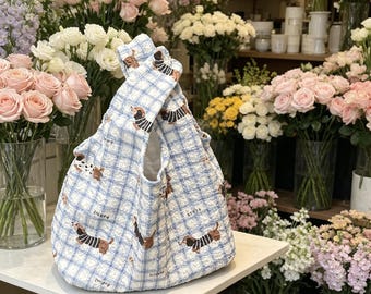 Blue Gingham Dachshund Tote Bag, Cute Puppy Print Shoulder Bag, Aesthetic Ins Large Capacity Canvas Bag, Casual Commute Handbag