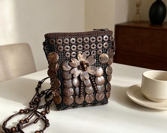 Boho Ethnic Coconut Shell Crossbody Bag, Hand‑Woven Mini Coin Purse, Vintage Unique Small Phone Pouch