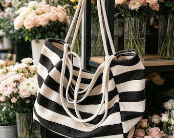 Striped Canvas Tote Bag, Large Capacity Shoulder Bag for Women, Casual Commuter Handbag, Fashion Travel Shopping Bag