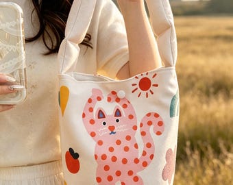 Cute Cartoon Polka Dot Cat Bucket Bag, Colorful Printed Canvas Tote Bag, Soft Cotton Handbag, Aesthetic Daily Handheld Purse