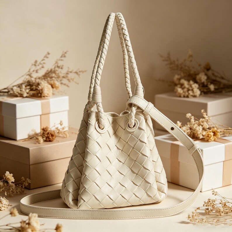 May include: Cream-colored woven bucket bag with braided handles and a detachable shoulder strap. The bag features a drawstring closure and is set against a neutral background with decorative boxes and dried flowers. A stylish and versatile accessory.