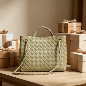 Puede incluir: Un bolso de mano de cuero tejido verde claro con un asa superior y una correa trenzada para el hombro. El bolso tiene forma cuadrada y est&aacute; sobre una superficie de madera. Cajas de regalo con lazos de sat&eacute;n en el fondo.