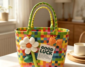 Colorful Woven Tote Bag, Cute Flower Decor Handbag, Summer Beach Bag, Good Luck Gift Basket, Aesthetic Gift for Women, Casual Daily Shoulder