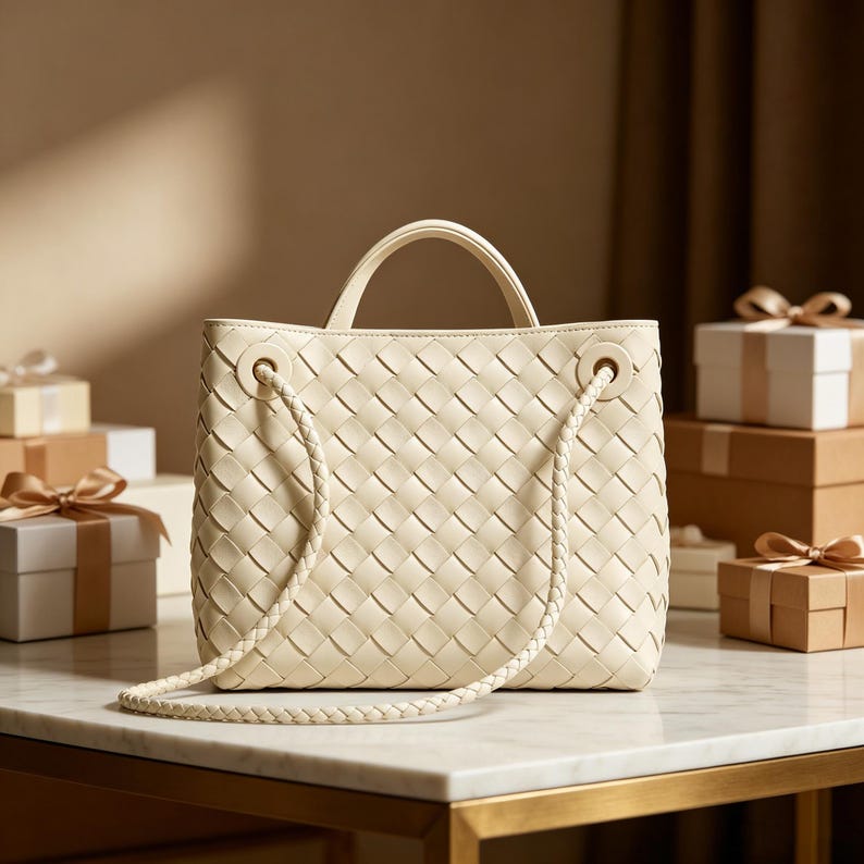 Puede incluir: Bolso tote tejido de color crema con asa superior y bandolera trenzada. El bolso tiene forma cuadrada y un patr&oacute;n tejido. El fondo incluye cajas de regalo con cintas y lazos dorados.