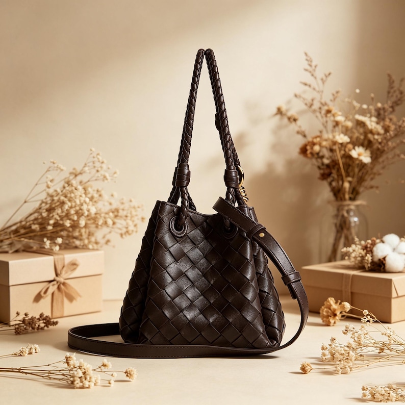 May include: A dark brown leather handbag with a woven design. The bag has braided handles and a long, adjustable shoulder strap. The bag is sitting on a light-colored surface, with dried flowers and gift boxes in the background.