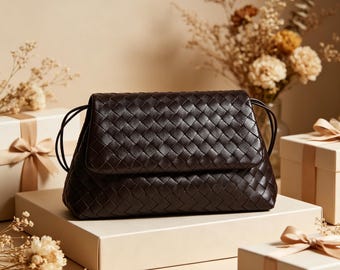 Bolso de hombro de piel trenzada, bolso de mano marrón oscuro, bolso cruzado de noche