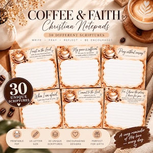 May include: A set of six square notepads with a coffee-themed design, featuring lined writing areas, coffee cup illustrations, and various Bible scriptures. The text includes titles like Trust in the Lord, My grace is sufficient, and Pray without ceasing, with a brown and cream color palette.