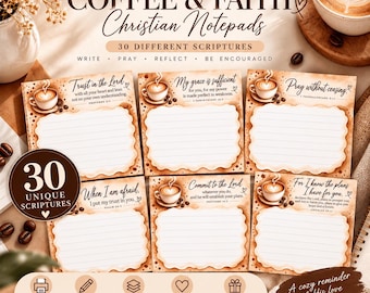 May include: A set of six square notepads with a coffee-themed design, featuring lined writing areas, coffee cup illustrations, and various Bible scriptures. The text includes titles like Trust in the Lord, My grace is sufficient, and Pray without ceasing, with a brown and cream colour palette.