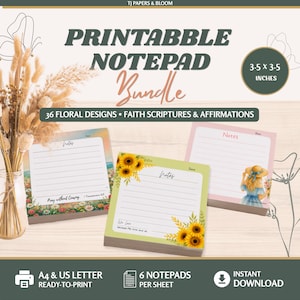Op de afbeelding: Een printbare notitieblokbundel met 36 bloemendesigns, geloofsteksten en affirmaties. De set bevat vellen van 8,89 x 8,89 cm met lijnen, zonnebloemafbeeldingen en een illustratie van een persoon met een hoed.