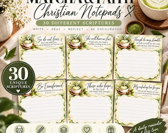 Könnte beinhalten: Ein Set aus sechs rechteckigen Notizblöcken mit grünen Aquarellrändern und Illustrationen von Matcha-Teeschalen. Jeder Notizblock zeigt einen einzigartigen Bibelvers, linierte Schreibflächen und den Text Matcha & Faith Christian Notepads.