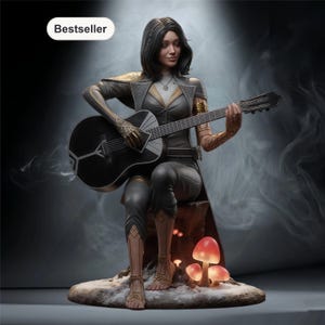 May include: A statue of a person playing a black acoustic guitar. The figure is dressed in a black and gold outfit, seated on a tree stump, with glowing mushrooms at their feet. The word "Bestseller" is in the upper left corner.