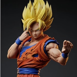 May include: A detailed figurine of a character with spiky yellow hair, wearing a torn orange martial arts gi over a blue undershirt with blue wristbands. The character has a focused expression, one hand near the forehead, and defined muscles.