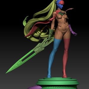 May include: A 3D-rendered figure of a female warrior with a green sword. The figure has blue skin, a brown corset, and colorful hair and clothing. The figure is standing on a green and purple base.