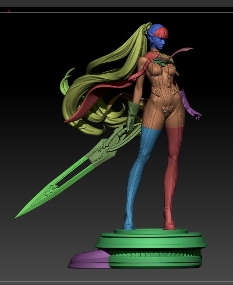 May include: A 3D-rendered figure of a female warrior with a green sword. The figure has blue skin, a brown corset, and colorful hair and clothing. The figure is standing on a green and purple base.