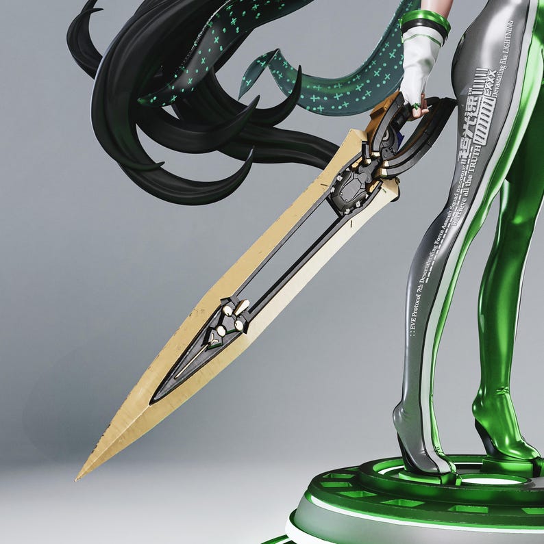 May include: A detailed image of a futuristic sword with a gold blade and black accents. The sword is part of a figure with green and white clothing. The figure is standing on a green circular base. The image has text on the figure's leg.