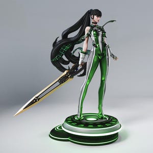 May include: A detailed figurine of a female character in a futuristic green and white suit, holding a large sword. The figure has long black hair and stands on a circular platform with green lighting. The sword has a gold blade.