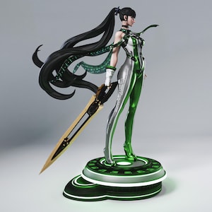 May include: A futuristic figurine of a woman in a green and silver bodysuit, holding a large sword. The figure has long black hair and stands on a circular, glowing green base. The overall design has a sci-fi theme.