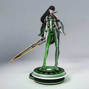 May include: A futuristic figurine of a woman in a green and white bodysuit, holding a large sword. The figure stands on a circular platform with green neon accents. The woman has long black hair and is in a dynamic pose.