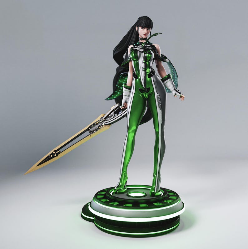 May include: A futuristic figurine of a woman in a green and white bodysuit, holding a large sword. The figure stands on a circular platform with green neon accents. The woman has long black hair and is in a dynamic pose.