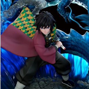 May include: A detailed anime-style figurine of a character with black hair, wearing a maroon and green-yellow patterned haori over a black uniform. The figure holds a sword hilt and is surrounded by translucent blue sculpted water effects.