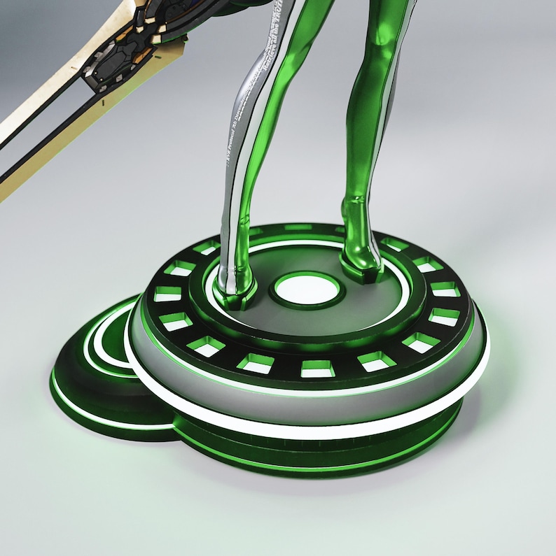 May include: A futuristic-themed figurine with a green and silver color scheme. The figure stands on a circular base with a glowing green edge. The base has a secondary disc. The figure's legs are green and shiny.