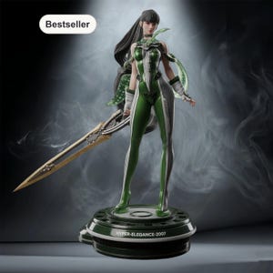 May include: A detailed figurine of a woman in a green and white bodysuit, holding a large sword. The figurine is on a circular base with the text "HYPER-ELEGANCE-2007". The word "Bestseller" is in the top left corner.