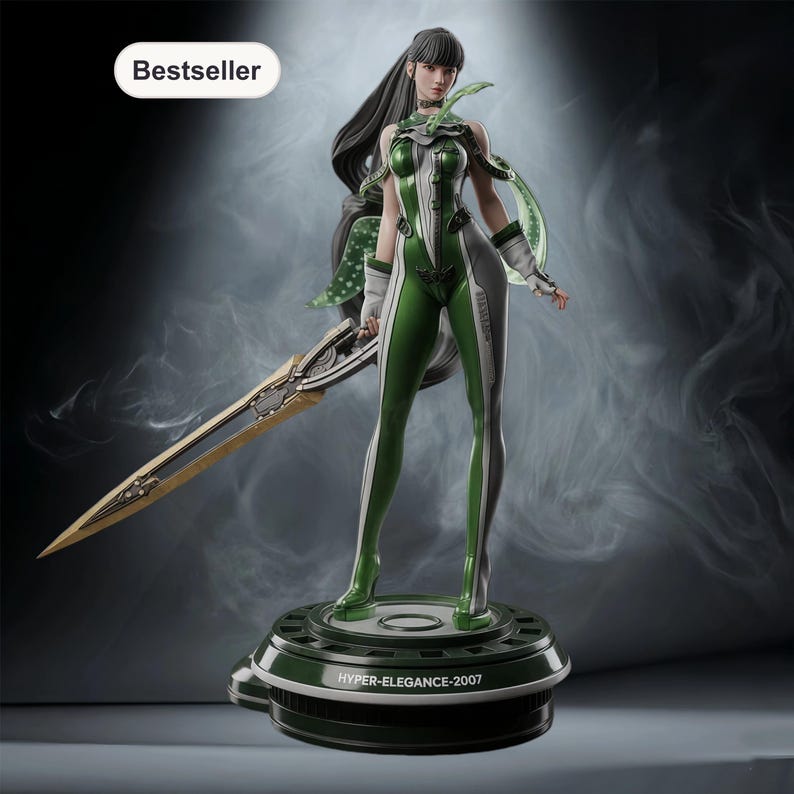 May include: A detailed figurine of a woman in a green and white bodysuit, holding a large sword. The figurine is on a circular base with the text "HYPER-ELEGANCE-2007". The word "Bestseller" is in the top left corner.