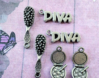 Diva Combo Charms -6 pieces-(Antique Pewter Silver Finish)--style 722--Free combined shipping