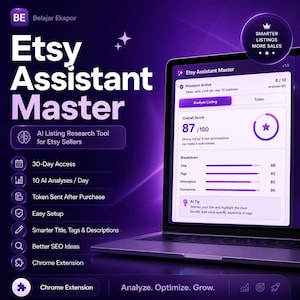Op de afbeelding: Een donkerpaarse digitale interface voor Etsy Assistant Master, een AI-tool voor listingonderzoek. Het scherm toont een totaalscore van 87/100, een overzicht van titels, tags, beschrijvingen en conversiecijfers, en een Chrome-extensie.