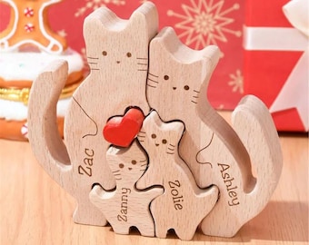 Personalized Wooden Family Puzzle Art - Custom Name Cat Heart Crossword | Unique Animal Puzzle | family crossword | Cat heart puzzle art