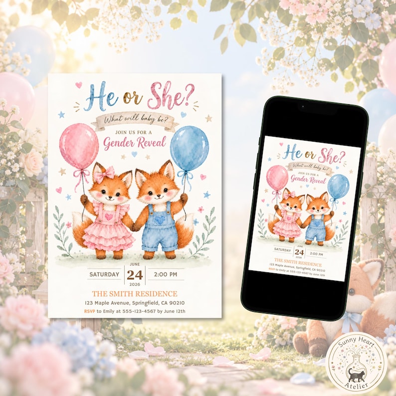 Fox Gender Reveal Invitation Template | Editable Canva Invite | Baby ...