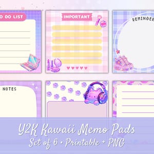 Puede incluir: Un conjunto de seis blocs de notas digitales con fondos en tonos pastel violeta, rosa y azul con patrones de cuadrícula y cuadros. Cada bloc incluye etiquetas como TO DO LIST, IMPORTANT, REMINDER y NOTES, decoradas con ilustraciones de portátiles, maquillaje, zapatillas, auriculares y gatos.