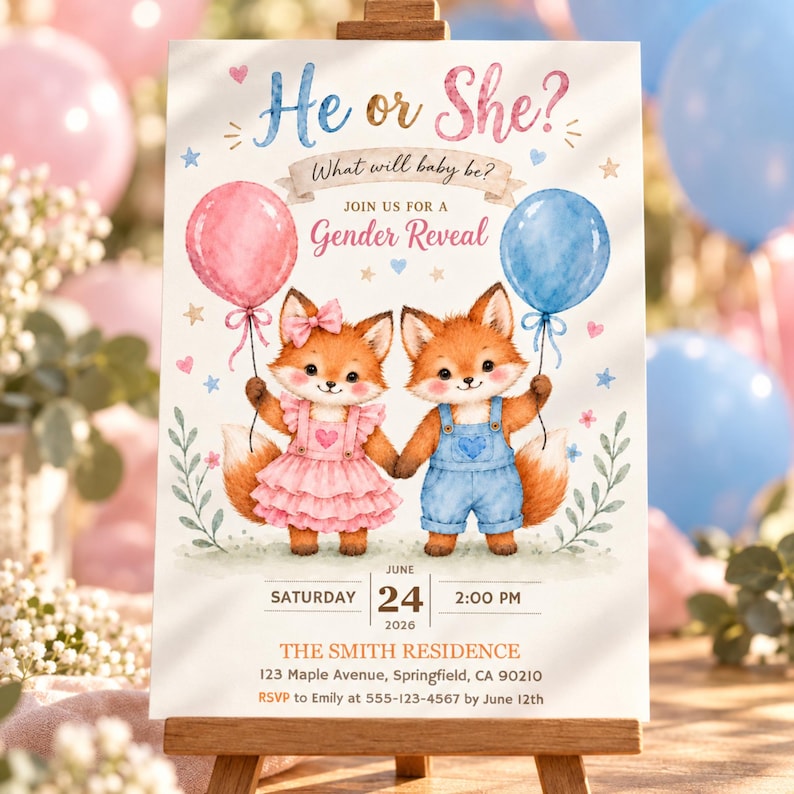 Fox Gender Reveal Invitation Template | Editable Canva Invite | Baby ...