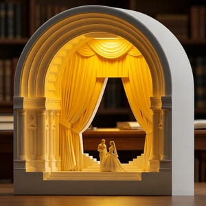 Op de afbeelding: Een wit, boogvormig diorama met een huwelijksscène. Binnenin staan een miniatuur bruid en bruidegom op een trap voor gele gordijnen. De structuur heeft architectonische details en is van binnenuit verlicht.